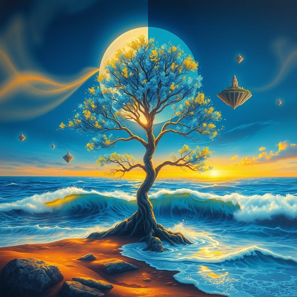 Surreal Dreamscape: Blue Glass Tree on Golden Shores