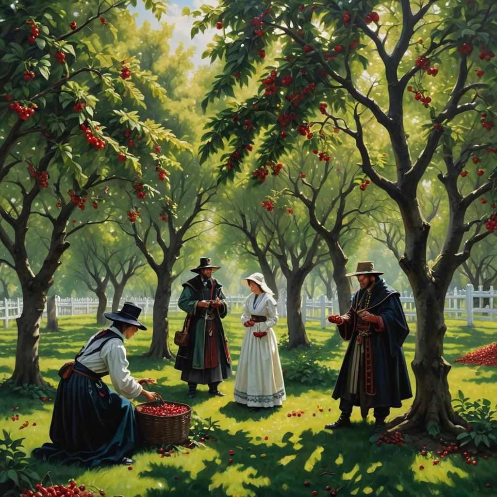 Cherry Orchard Scene in Dark Fantasy Oil Painting