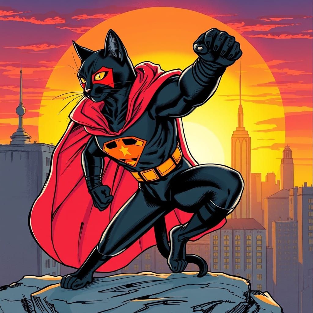 Heroic Feline Avenger in Sunset Cityscape