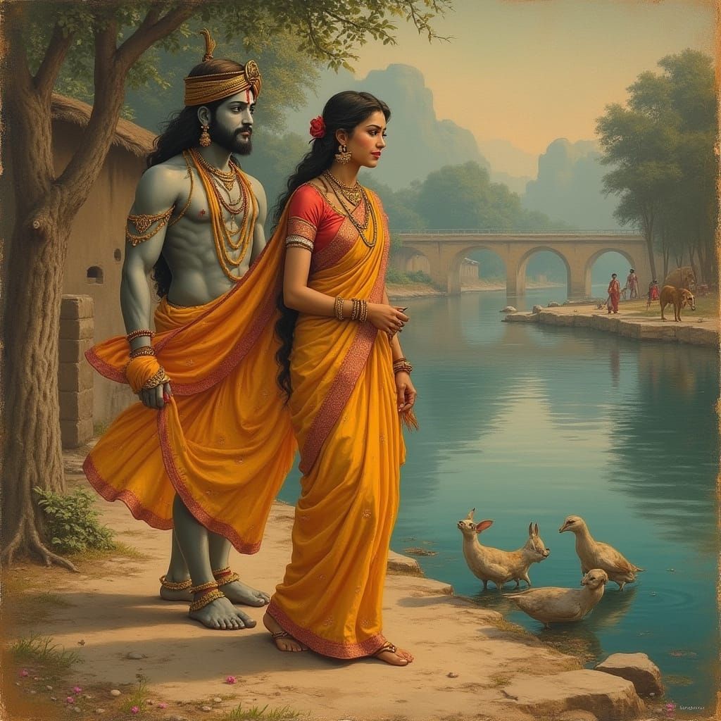 Radharani and Krishna at Yamuna River in Classical Style