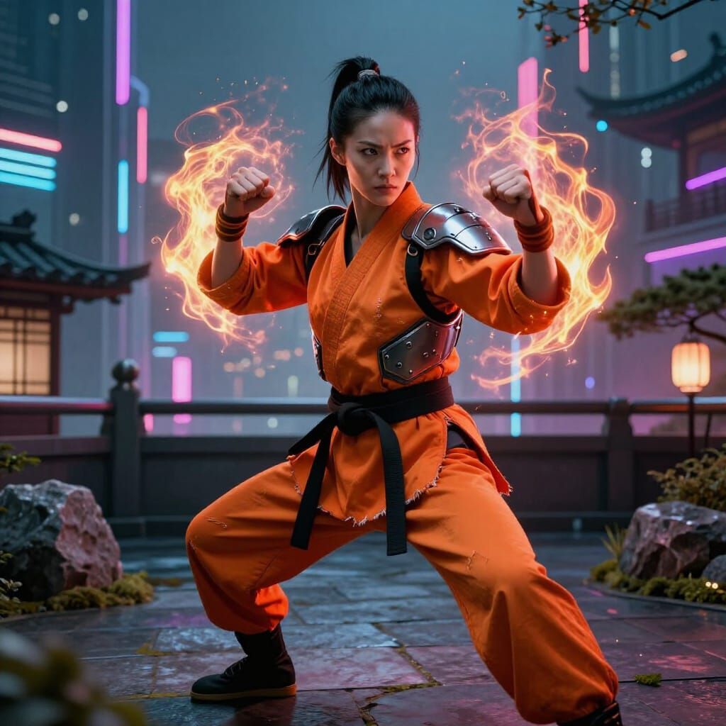 Cyberpunk Warrior Woman on Rooftop Garden