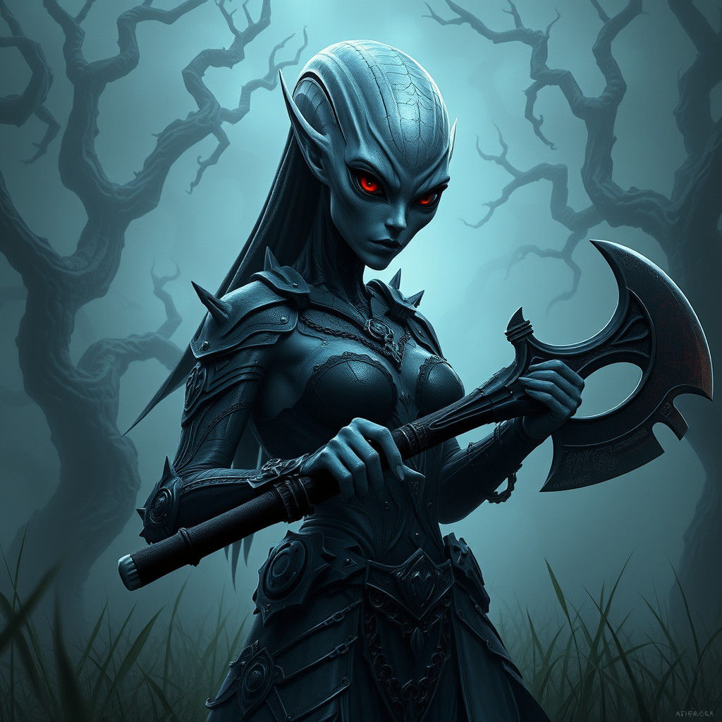 Female Alien Warrior Emerges in Dark Fantasy Illustration