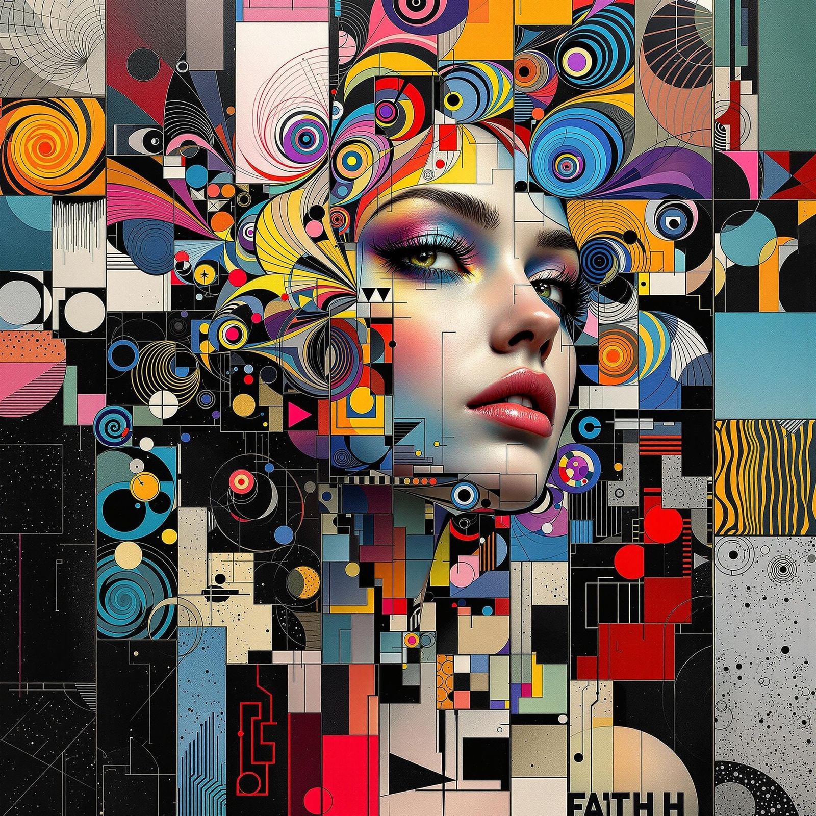 Mondrian-Inspired Portrait of a Woman in Cyberpunk Wildflowe...