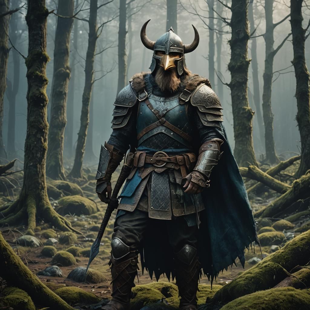 Viking Duck Warrior in Dark Mystical Forest