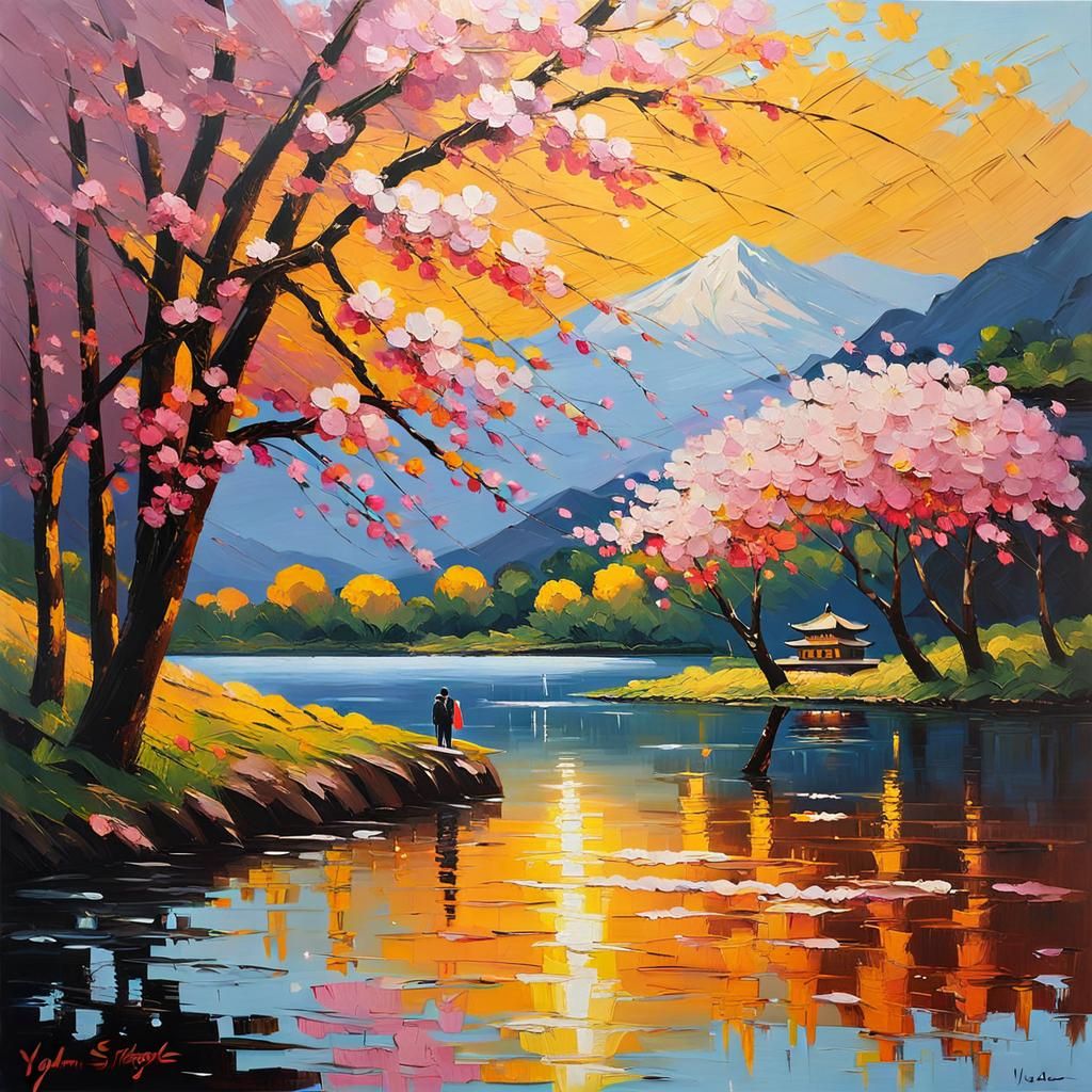 Golden Hour Landscape with Sakura Trees as Impasto Painting
