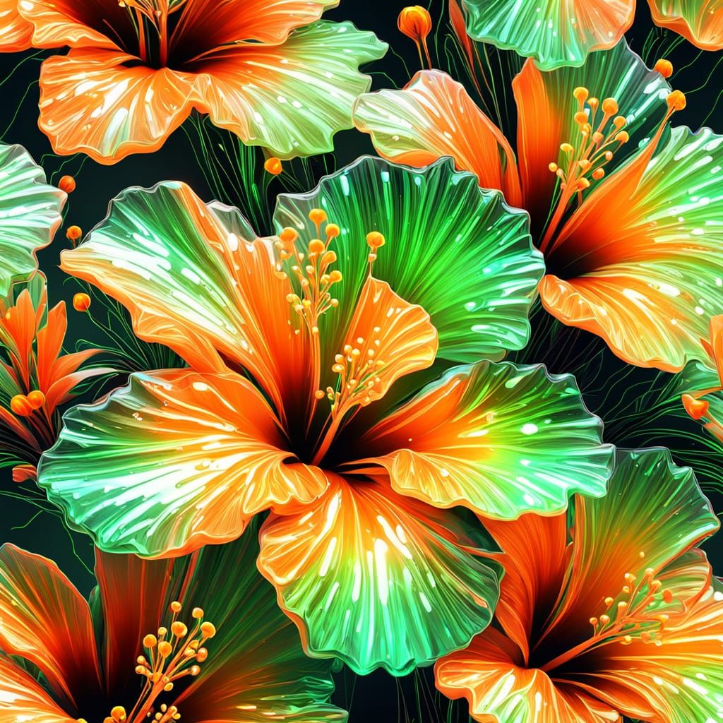 Neon Crystal Hibiscus Flowers in Digital Art