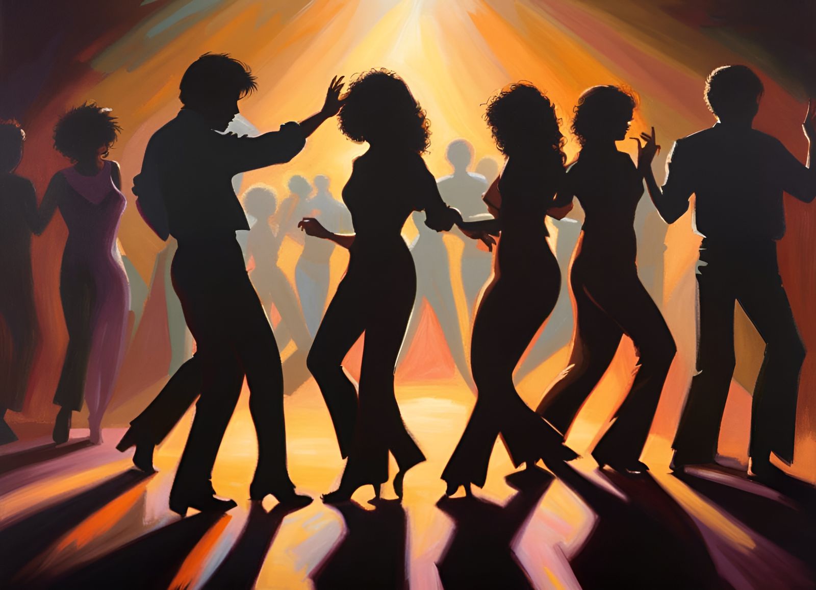 80s disco, people dancing, silhouette style lighting