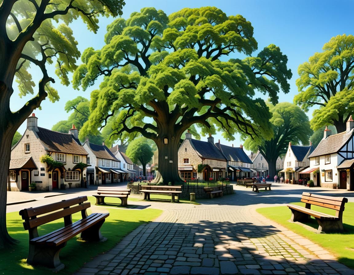 Idyllic Country Town Square with Oak Tree