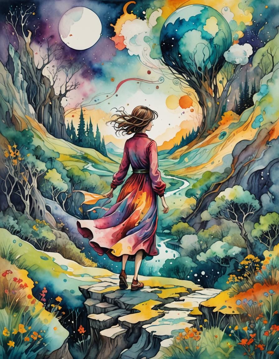 Woman's Journey Through Dream World in Watercolor Style