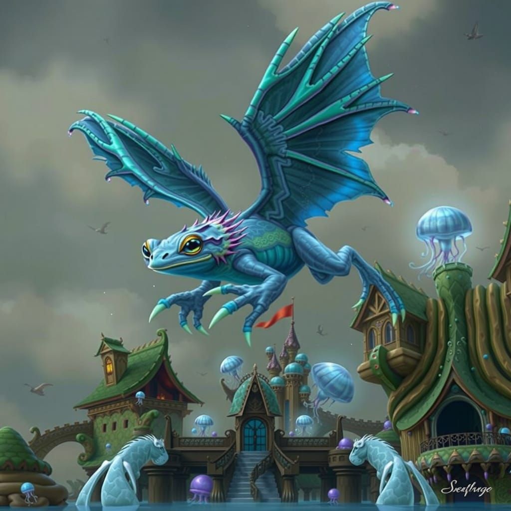 Flying Frog Monster Over Mystical Oceanic City