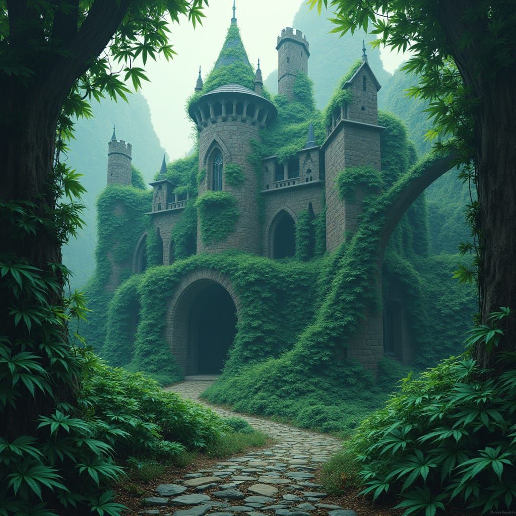 Mystical Castle Reborn from Cannabis Tendrils in Lush, Vibra...