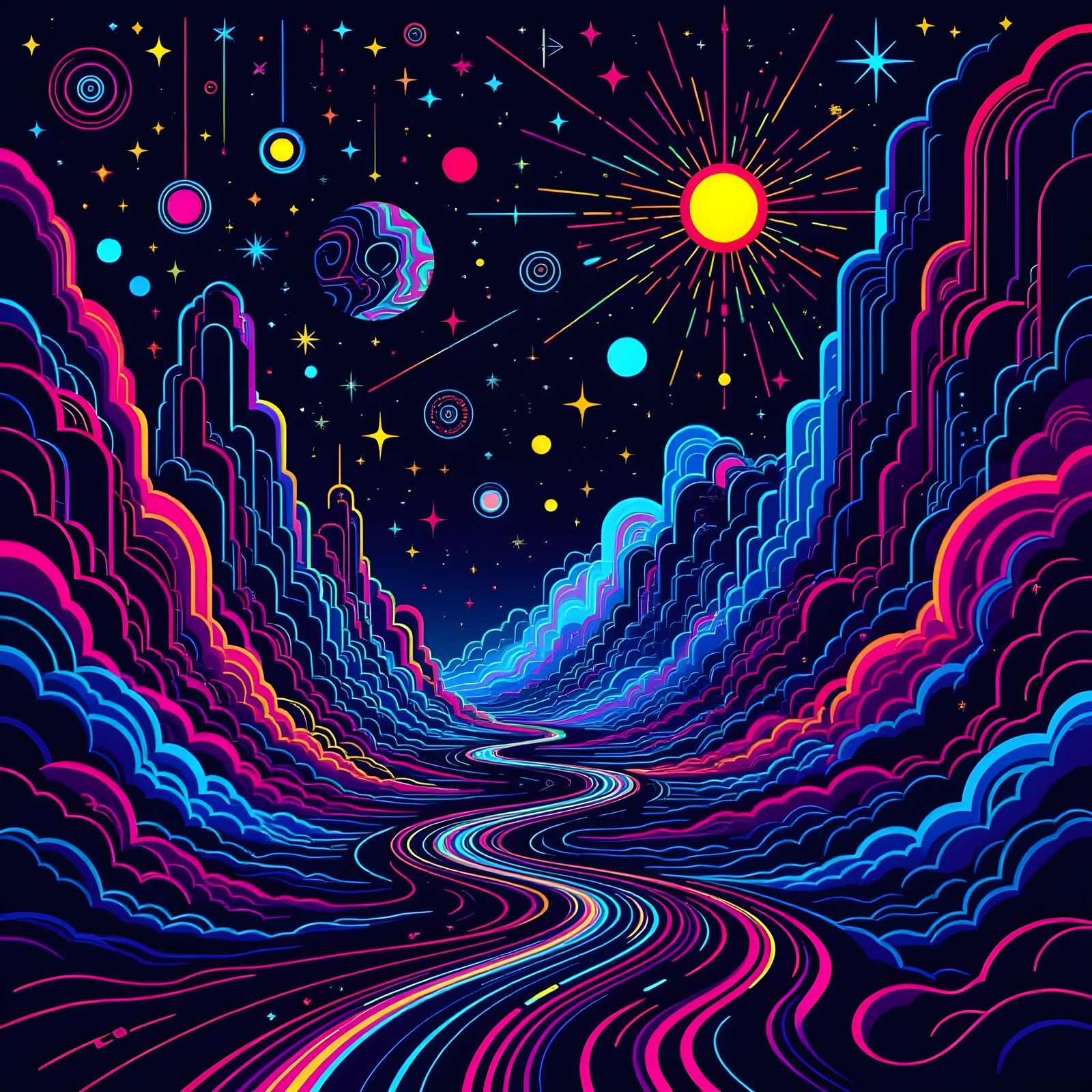 Neon Kaleidoscope of Light on Black Background