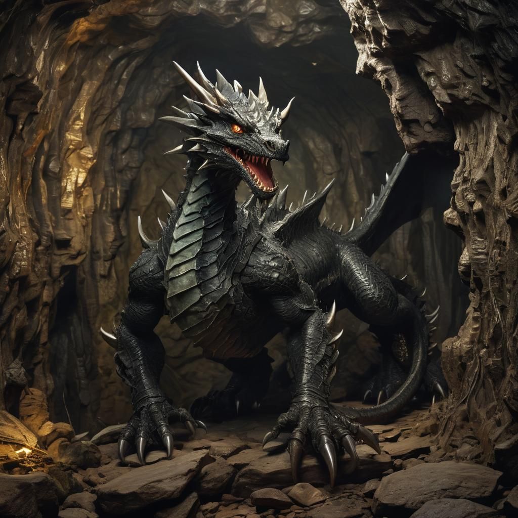 Subterranean Dragon in Dark Cavern: Digital Art