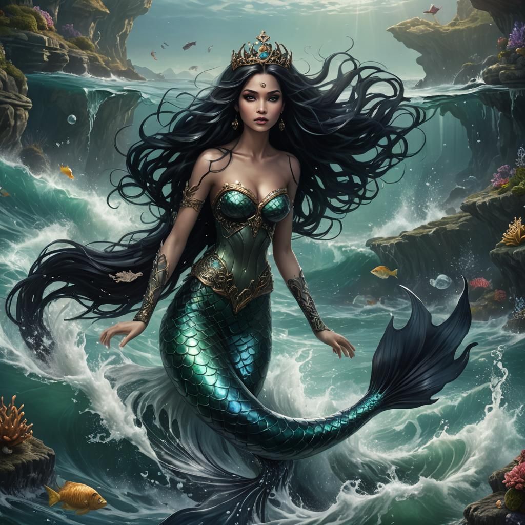 Ethereal Black-Tailed Mermaid in a Detailed Matte Painting