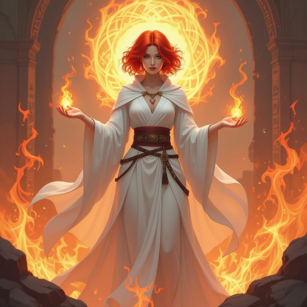 Fiery Priestess Amidst Magical Flames: Digital Art