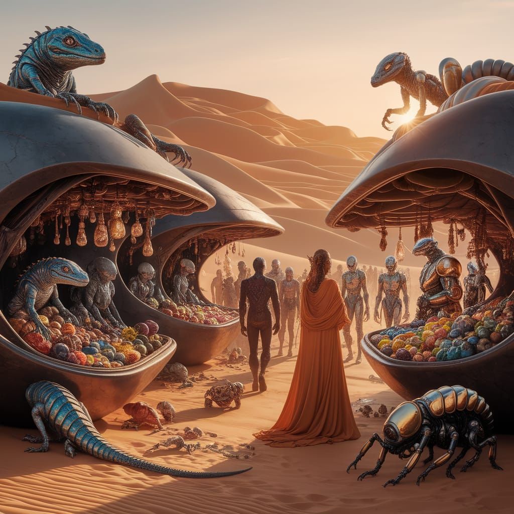 Market street on alien planet