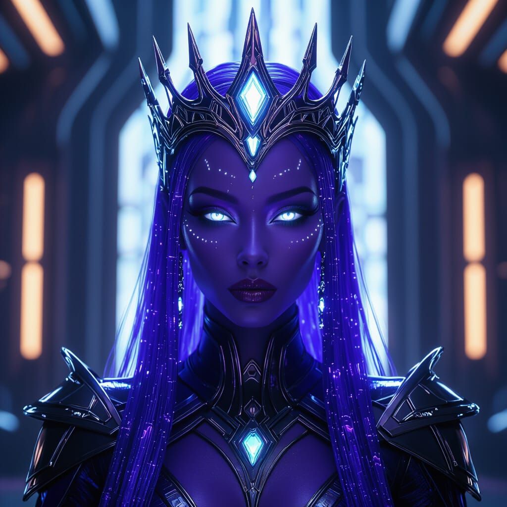 Cyberpunk Alien Queen in Futuristic Throne Room