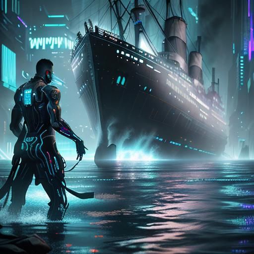 Cyberpunk concept art. Medium shot. A man struggles to sink ...