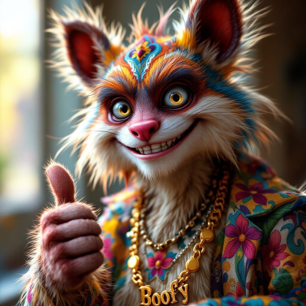 Vibrant Portrait of a Furry Creature with Gold Chain