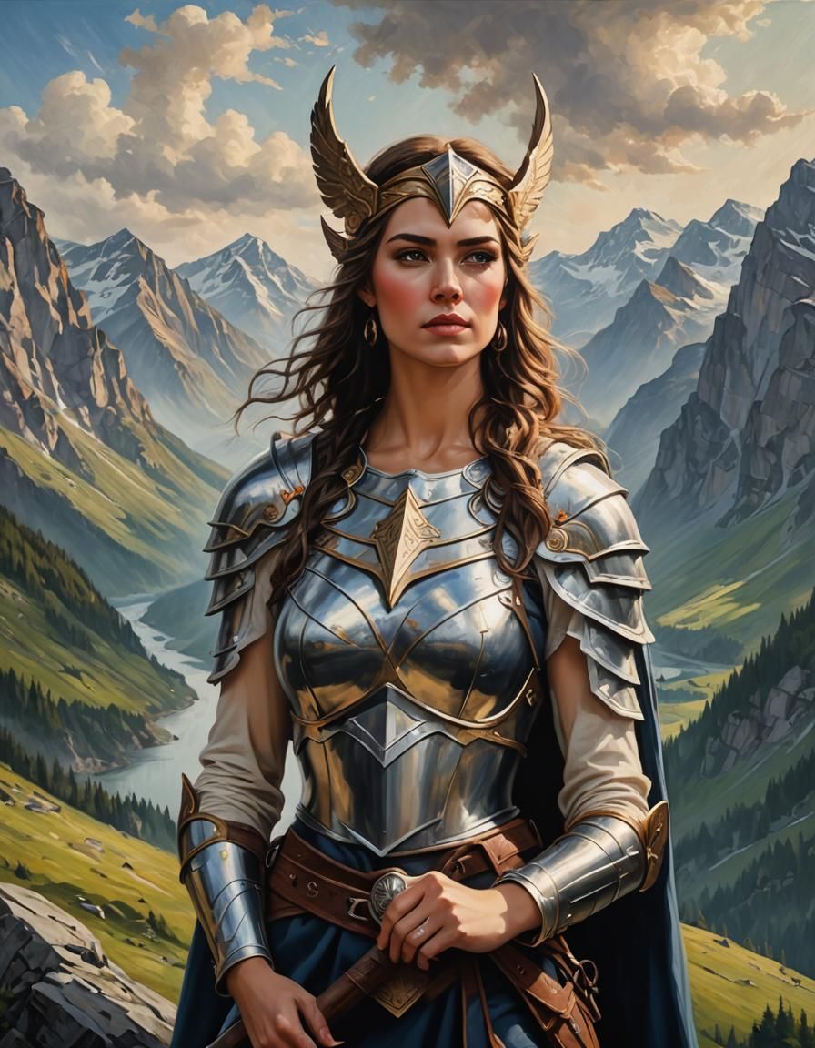 A beautiful young Valkyrie, body potrait, mountain Background, oil on canvas