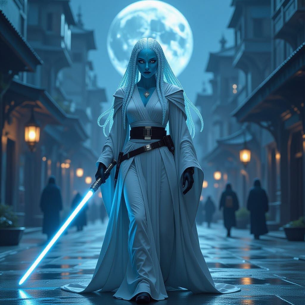 Renaissance Alien Jedi in Futuristic City