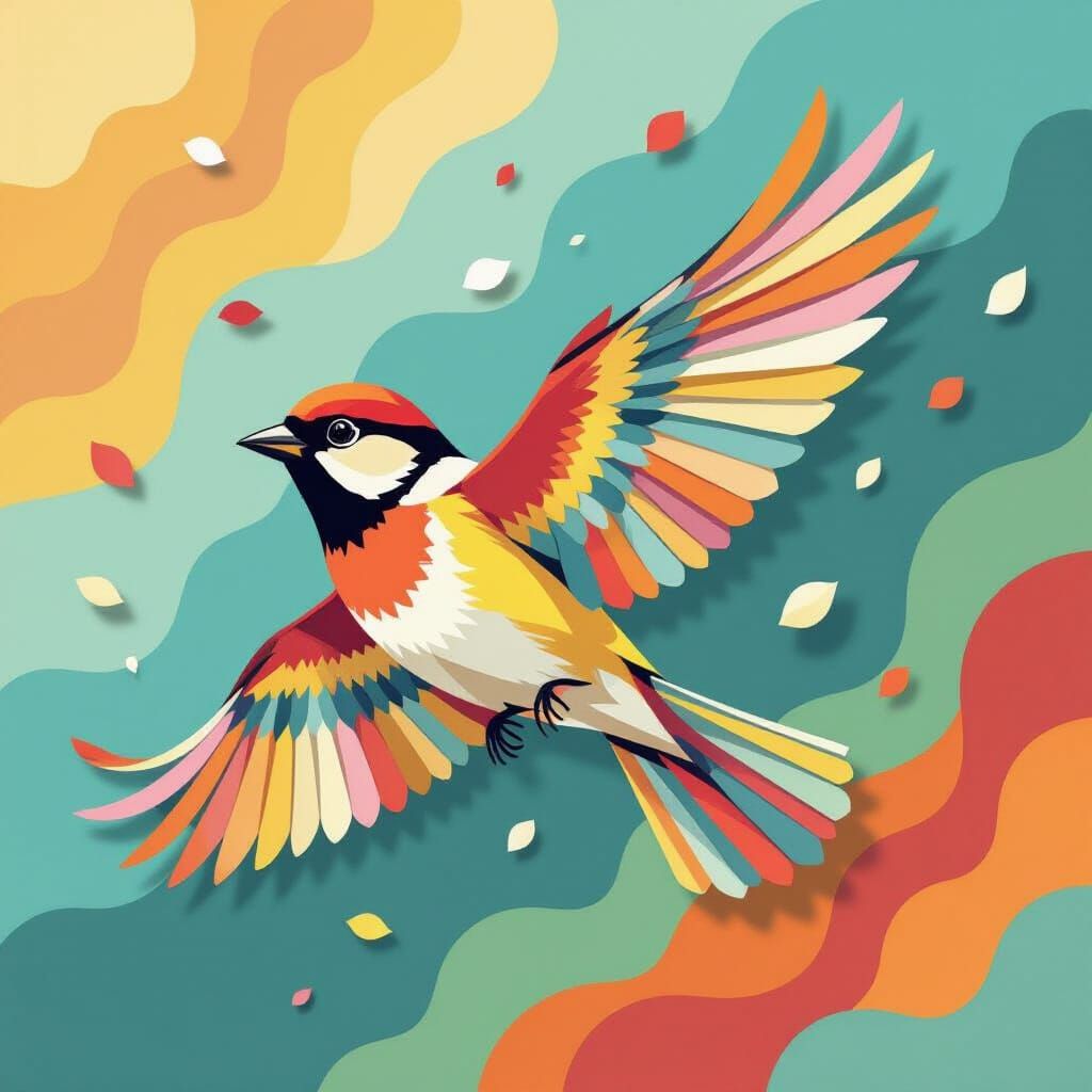 Sparrow Transforms into Paper Cutouts in Graphic Art Style