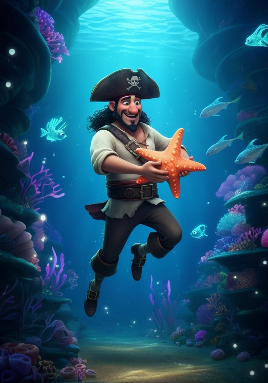 Pirate's Underwater Dance with Starfish: Pixar 3D Animation