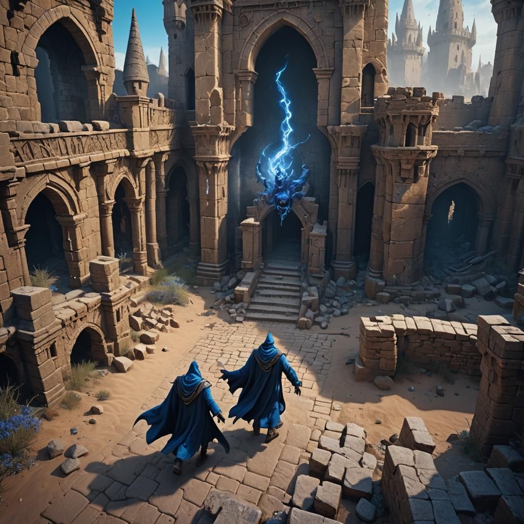 Wizard and Demon Chase in Desert Castle