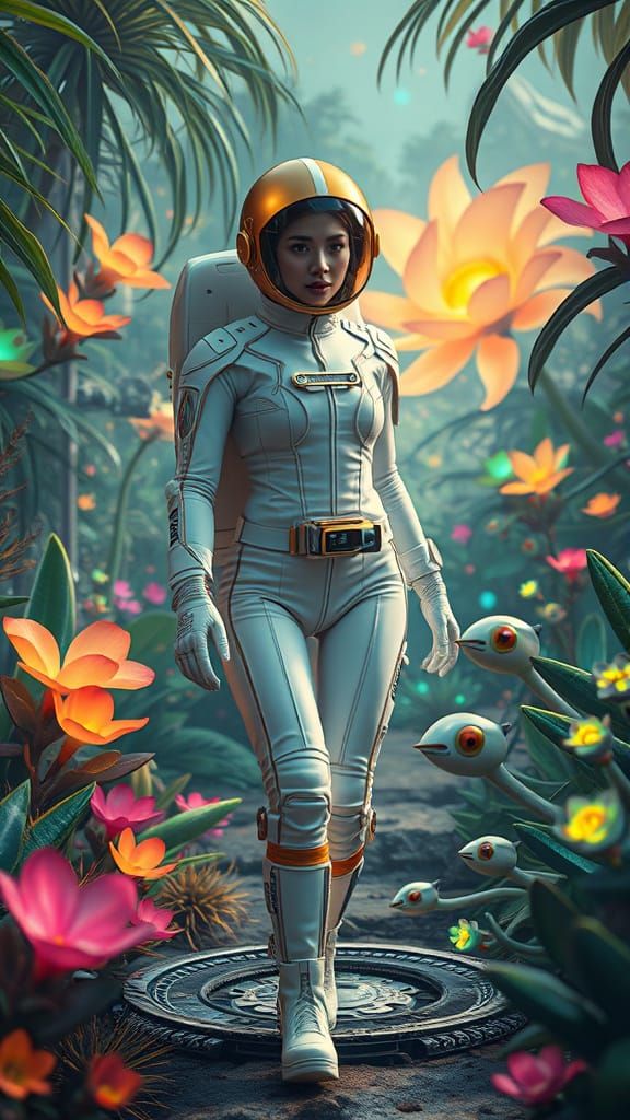 Surreal Cosmonaut Explores Vibrant Alien Jungle in Futuristi...