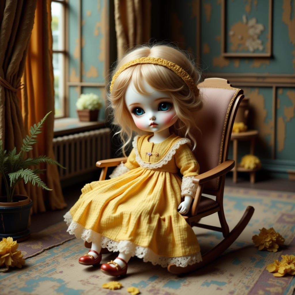 Antique Doll in Yellow Gingham Dress Sits in Nursery