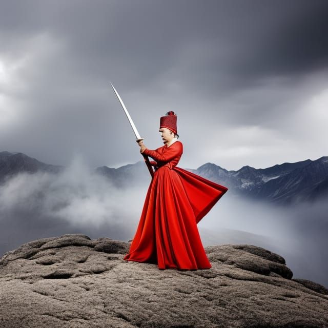 Queen with Broadsword in Rocky Mountain Landscape