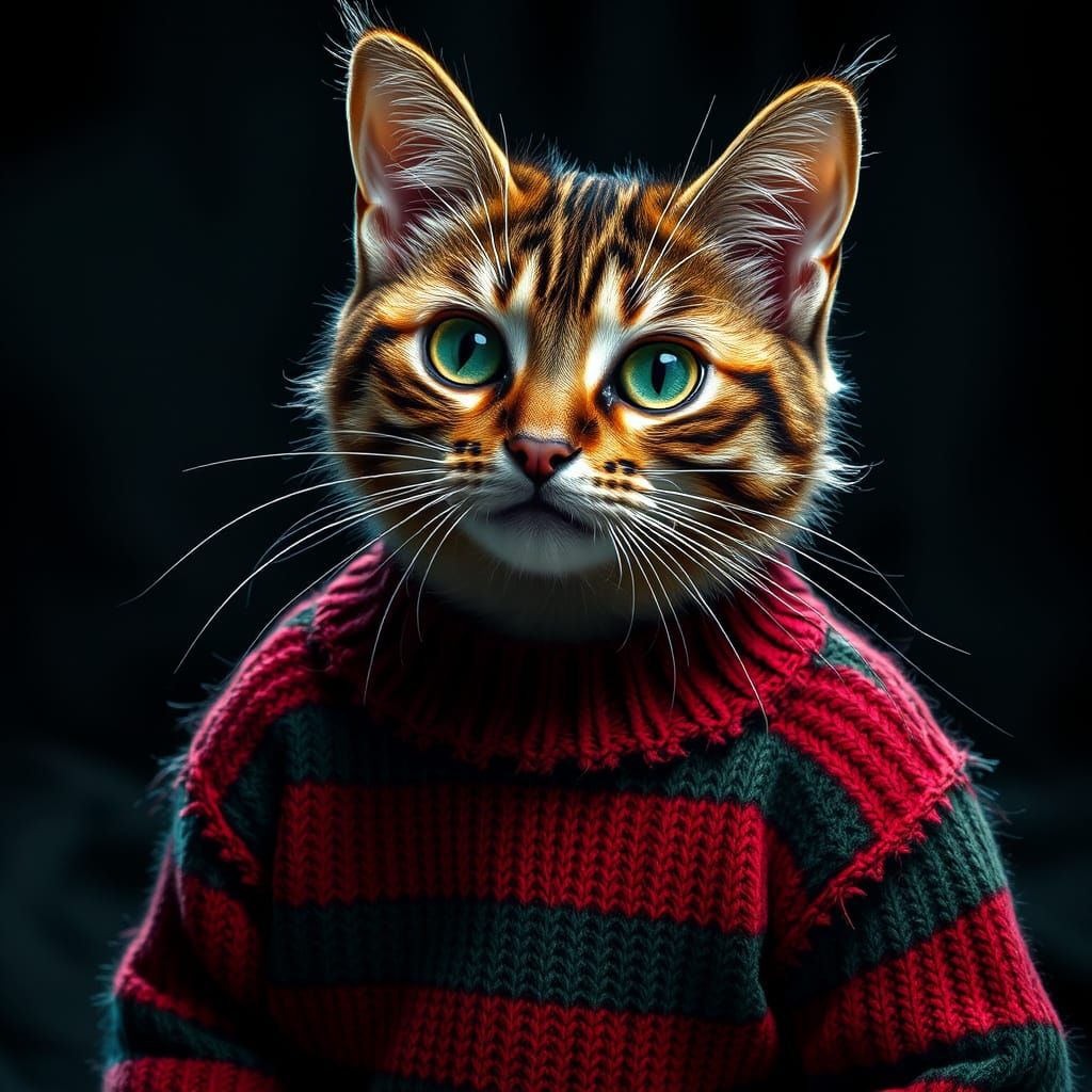 Cyberpunk Cat in Striped Sweater