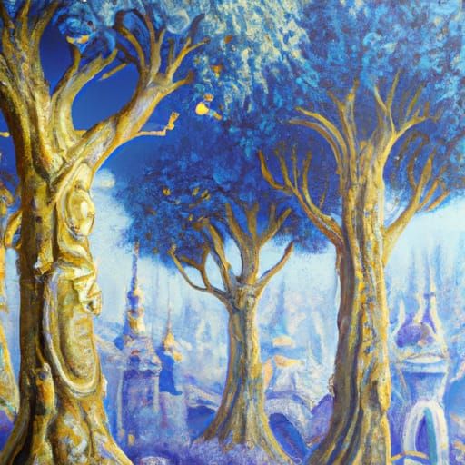 Ethereal City of Trees: Gouache Fantasy Painting