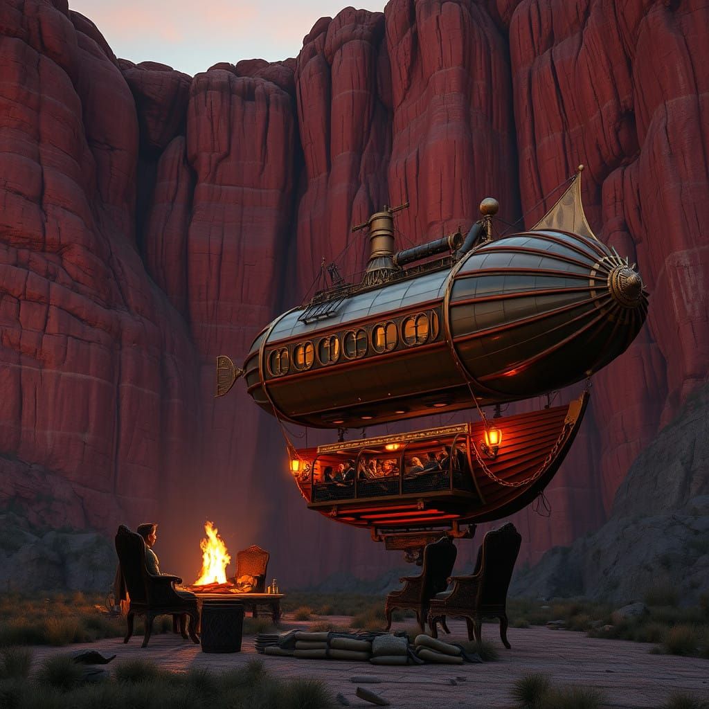 Steampunk Airship at Sunset on Red Stone Cliff Wall