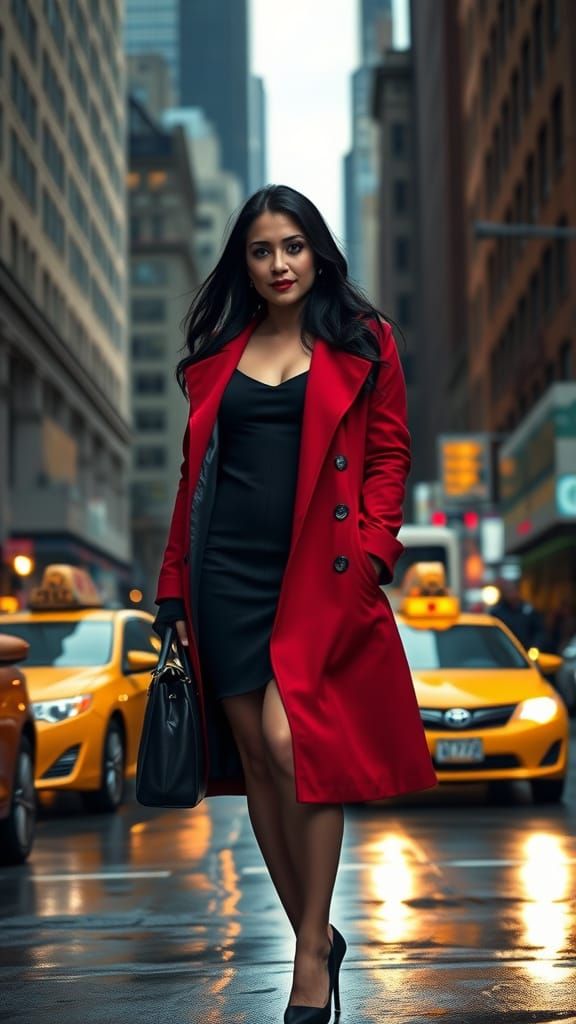 Confident Woman in Crimson Trench Coat Stands in New York Ci...