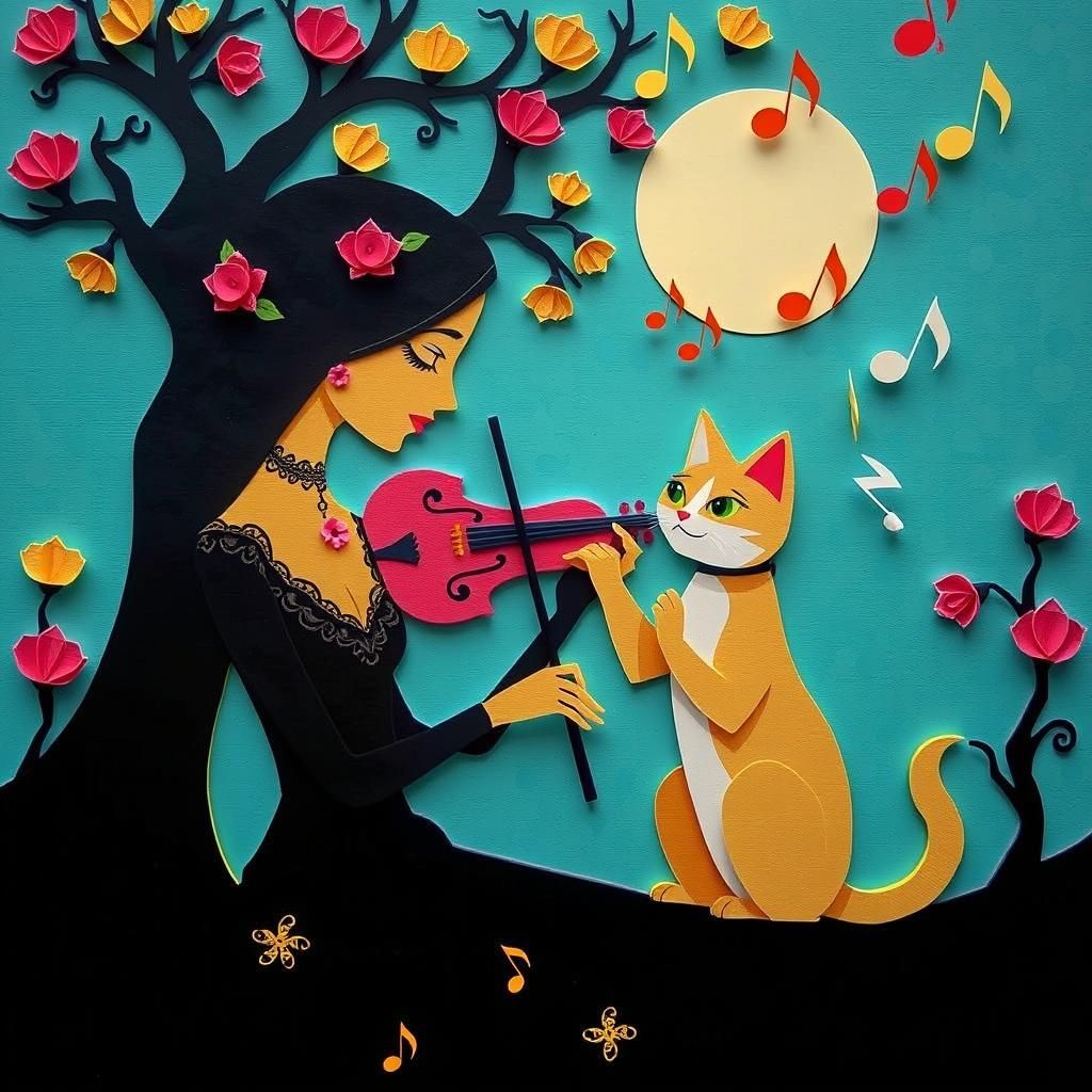 Cute Cat Listens to Violin Music in Kirigami Style