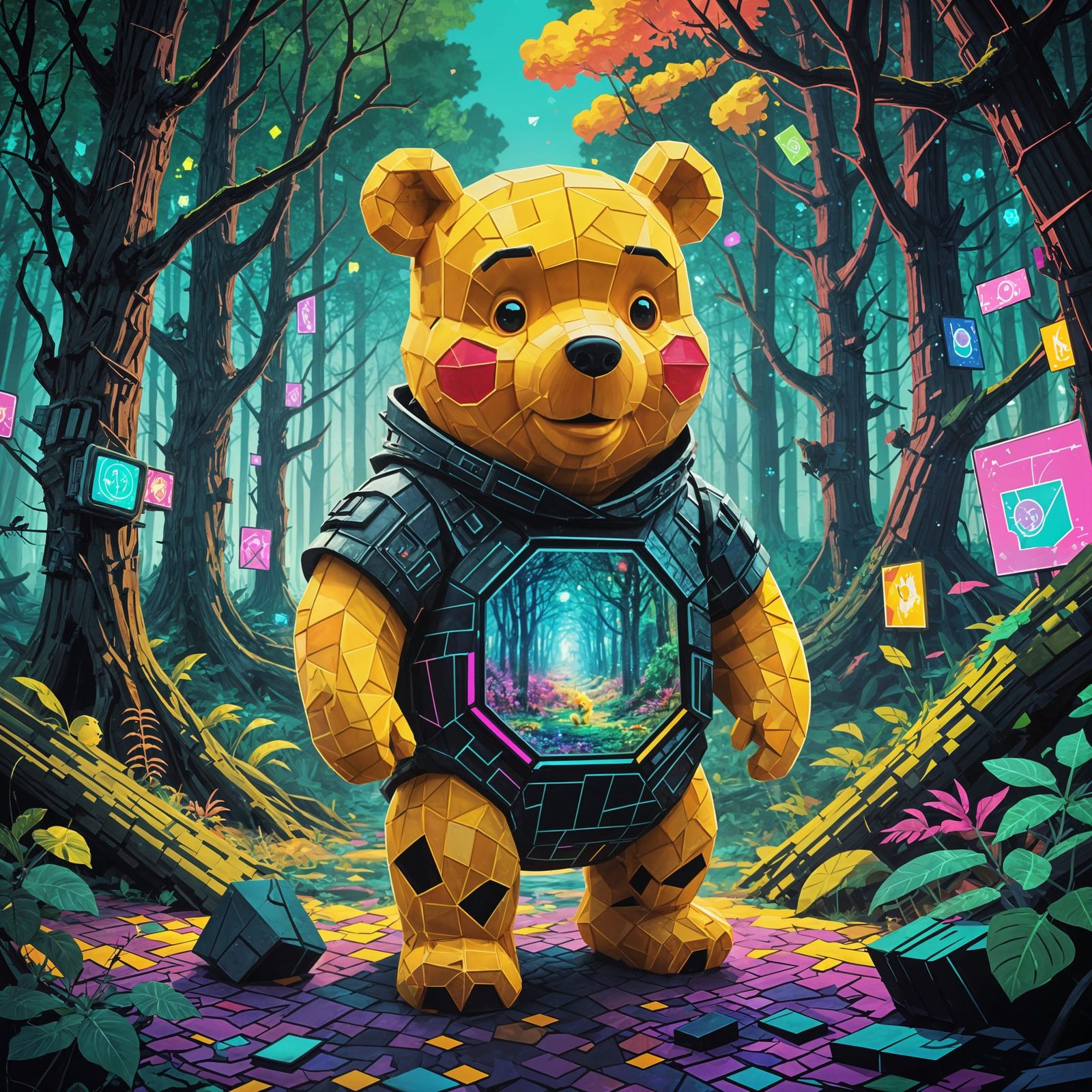 Cyberpunk Winnie-the-Pooh in Digital Forest