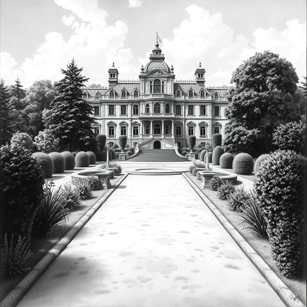 Majestic Palace and Garden in Black and White Painting