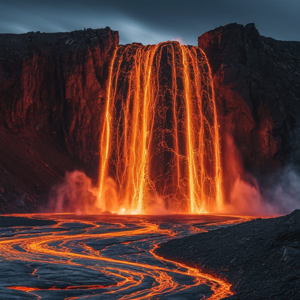 Majestic Lava Waterfall in Dramatic Photograph
