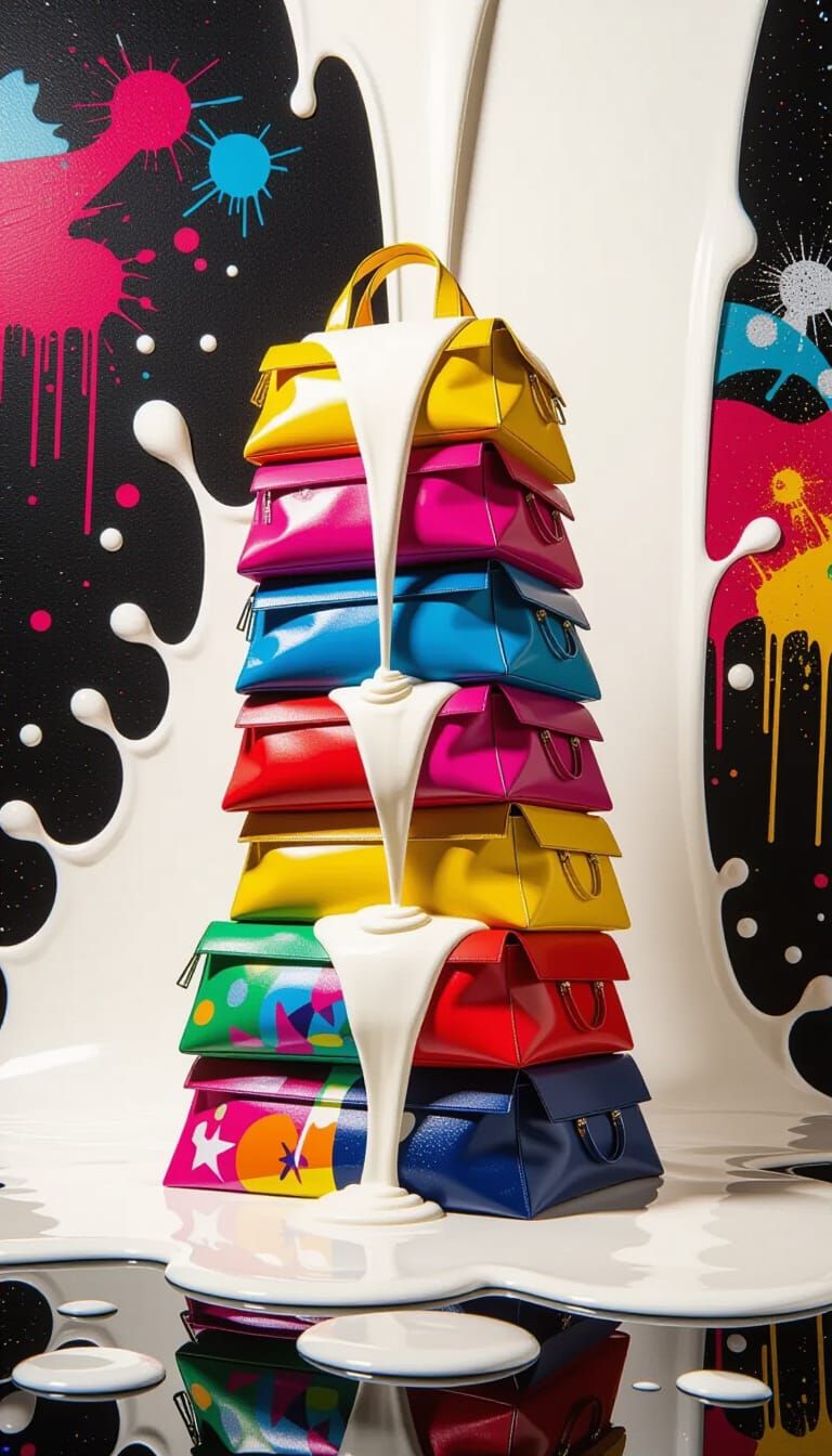 Fashion Bags Pyramid with Milk Stream, Commercial Photo