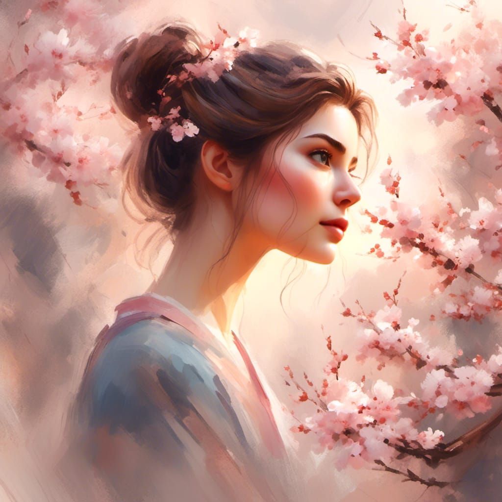 Watercolor Portrait of Woman with Cherry Blossoms