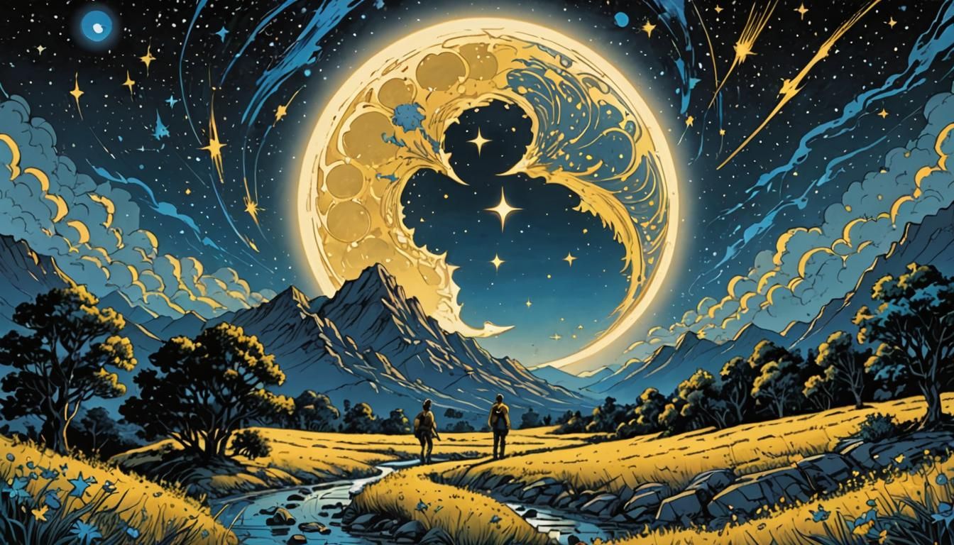 Yin Yang Moon Over Shooting Stars in Comic Art