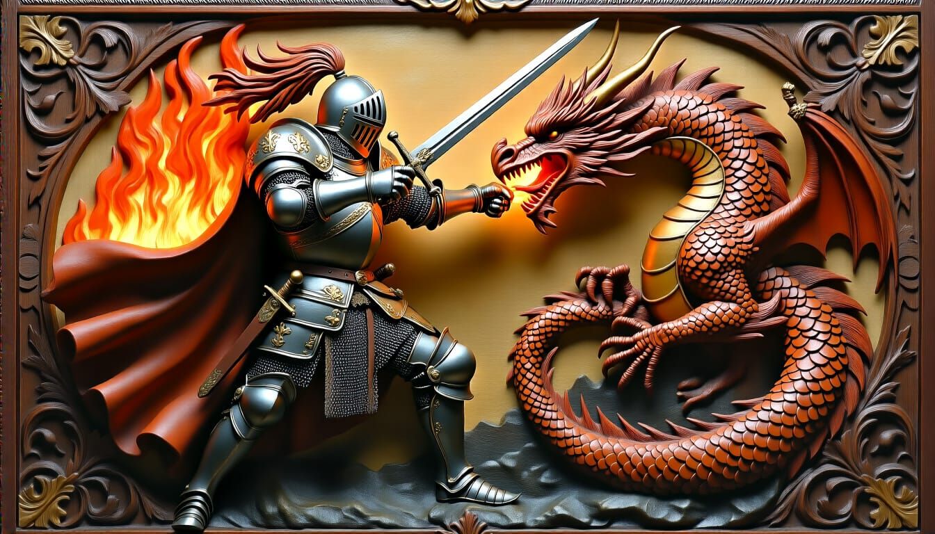 Knight vs Dragon in Golden Leather Carving