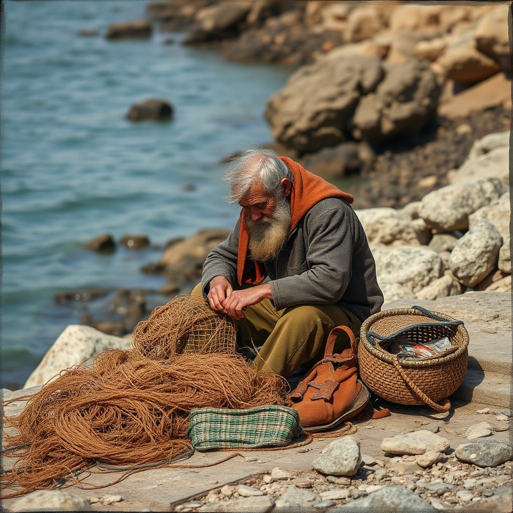 Fisherman Mending Nets at the Coast