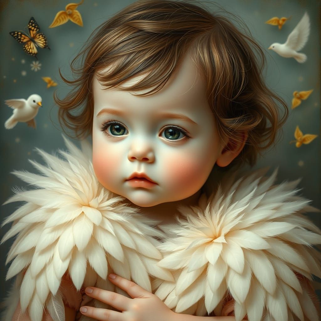 Delicate Child in Whimsical Avian Surroundings