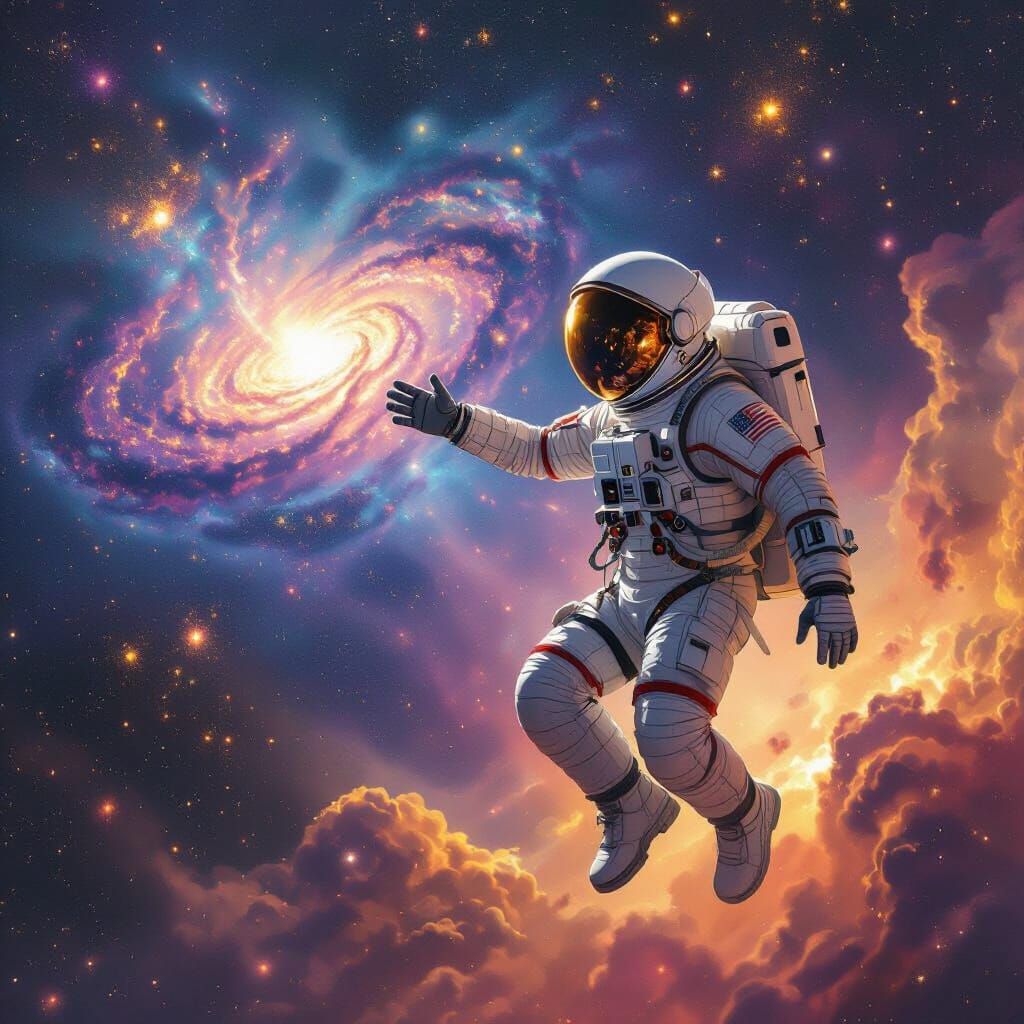 Astronaut Drifting in Nebula, Hyperrealistic Art