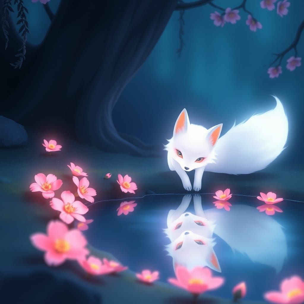 Glowing Spirit Fox Gazes at Reflection in Ethereal Fantasy A...