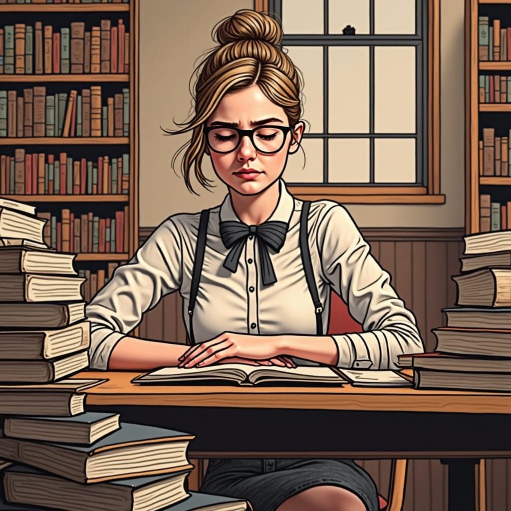Bored Nerd Girl Portrait in Hyperdetailed Art Style
