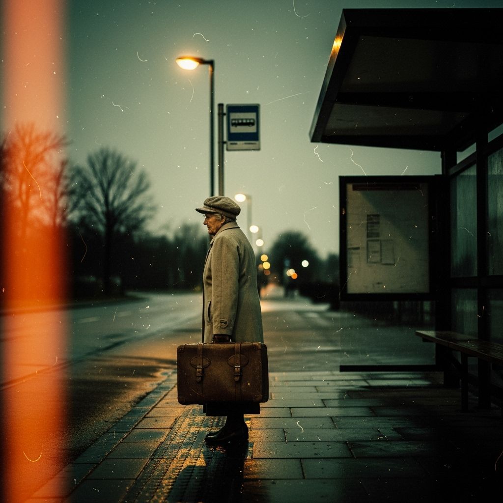 Elderly Woman at Bus Stop: 1970s Gritty Realism