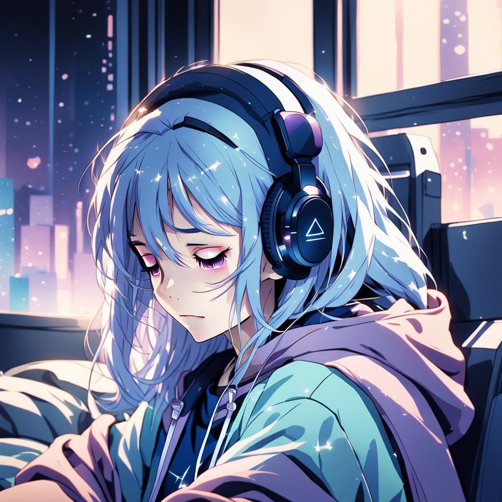 Melancholy Anime Girl with Cyan Hair in Watercolor Style